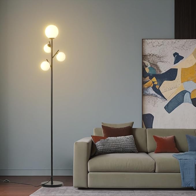 4 Globe Floor Lamp, Modern Sputnik Tree Standing Lamp with Frosted Glass Ball Lampshade & 3000K LED Bulbs, Mid Century Contemporary Tall Lamp for Living Room, Bedroom, Office, Hotel - LeafyLoom