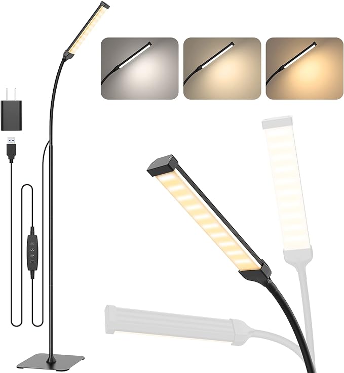 LED Floor Lamp, Reading Lamps Floor Standing [120 LEDs with 3 Color Mode 3000K-6000K & 10 Brightness Setting] Dimmable Desk Light with Flexible Gooseneck for Living Room Bedroom Office - LeafyLoom