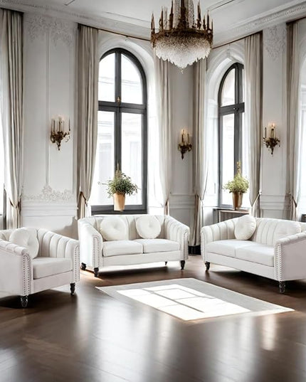 Velvet Modern Living Room Couch 3 Piece with Scroll Arms and Nailhead, includes 2 Love-seat Chair & Armchair, Sofa and Loveseat Set Grey - LeafyLoom
