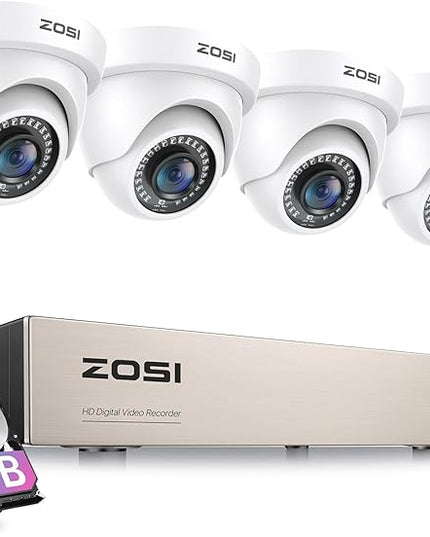 ZOSI 3K Lite Security Camera System with 1TB Hard Drive,AI Human/Vehicle Detection,Night Vision,H.265+ 8Channel HD TVI DVR Recorder,4pcs 1080P HD 1920TVL Indoor Outdoor Surveillance CCTV Dome Cameras ZOSI