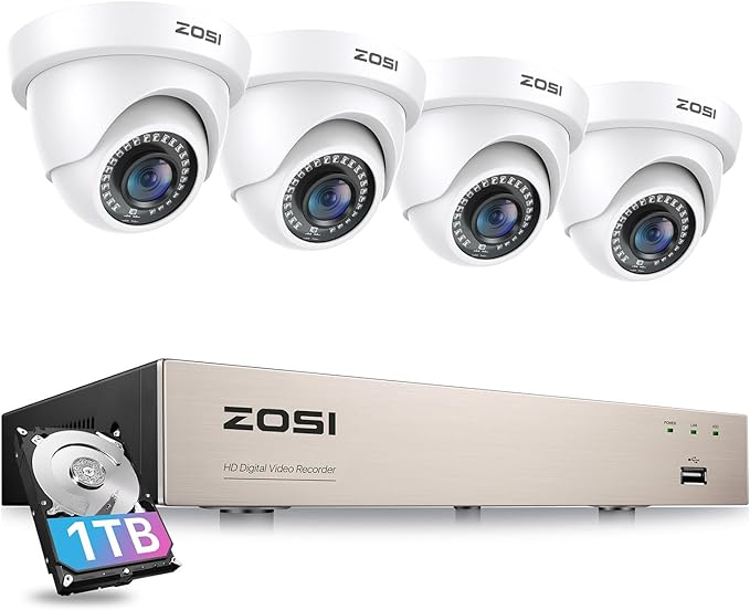 ZOSI 3K Lite Security Camera System with 1TB Hard Drive,AI Human/Vehicle Detection,Night Vision,H.265+ 8Channel HD TVI DVR Recorder,4pcs 1080P HD 1920TVL Indoor Outdoor Surveillance CCTV Dome Cameras ZOSI