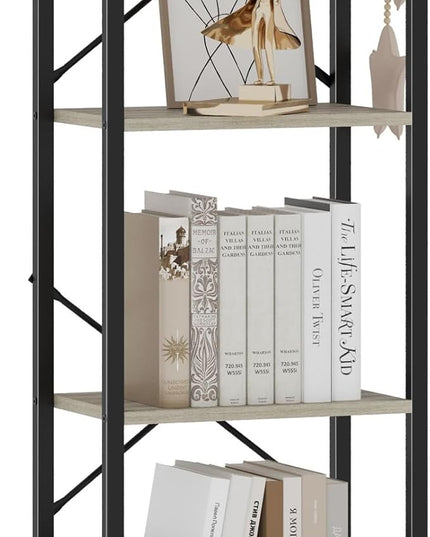 Bookshelf, Book Shelf, Industrial Bookcase with 2 Hooks, Coner Shelf Storage Organizer for Home Office, Living Room, Bedroom, Kitchen, 4-Tier Greige BC10405B - LeafyLoom