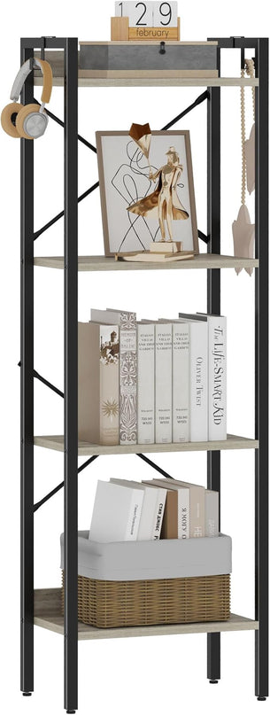 Bookshelf, Book Shelf, Industrial Bookcase with 2 Hooks, Coner Shelf Storage Organizer for Home Office, Living Room, Bedroom, Kitchen, 4-Tier Greige BC10405B - LeafyLoom