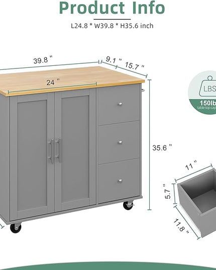 Shintenchi Rolling Kitchen Island Cart with Folding Drop Leaf Breakfast Bar, Portable Trolley Island with Large Storage Cabinet, Shelf and Drawer, Gray - LeafyLoom