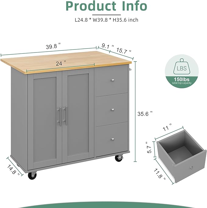 Shintenchi Rolling Kitchen Island Cart with Folding Drop Leaf Breakfast Bar, Portable Trolley Island with Large Storage Cabinet, Shelf and Drawer, Gray - LeafyLoom