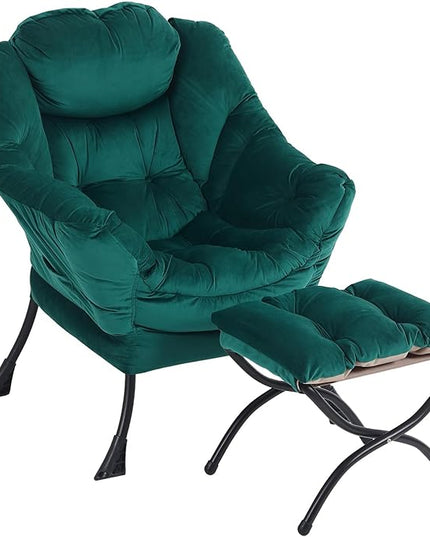 Oversized Chair with Ottoman, Modern Chair with Folding Footrest, Lounge Accent Chair, Comfortable Reading Chair for Bedroom, Study, Living Room, Courtyard (Dark Green) - LeafyLoom