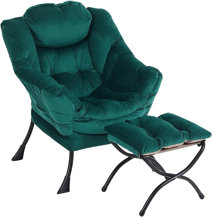 Oversized Chair with Ottoman, Modern Chair with Folding Footrest, Lounge Accent Chair, Comfortable Reading Chair for Bedroom, Study, Living Room, Courtyard (Dark Green) - LeafyLoom