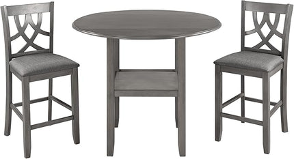 NicBex Bar Table and Chairs Set Kitchen Table Set Counter Height Kitchen Dining Table Set with Drop Leaf Table, 1 Shelf and 2 Cross Back Padded Chairs for Small Places, Gray - LeafyLoom