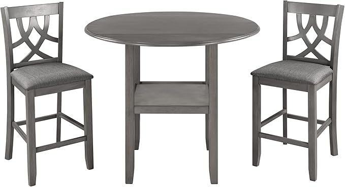 NicBex Bar Table and Chairs Set Kitchen Table Set Counter Height Kitchen Dining Table Set with Drop Leaf Table, 1 Shelf and 2 Cross Back Padded Chairs for Small Places, Gray - LeafyLoom