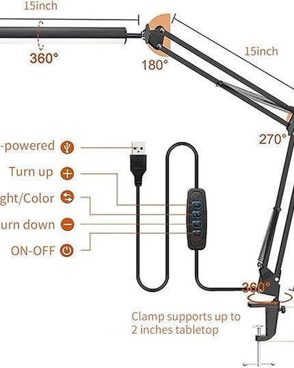 LED Metal Swing Arm Desk Lamp with Clamp, 14W Eye-Caring 3 Modes, 30 Brightness Dimmable, Memory Function/USB Adapter, Architect Table Light for Home Office (White) - LeafyLoom