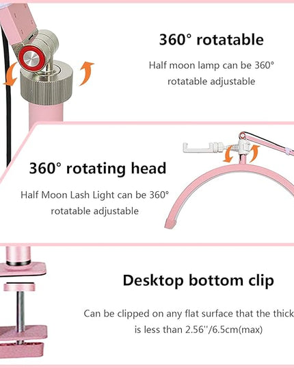 Led Half Moon Light for Lashes, Tattoo Lamp, Estheticians Light, Desk Lamp, Swing Arm Light, Lash Lamp (Pink) - LeafyLoom