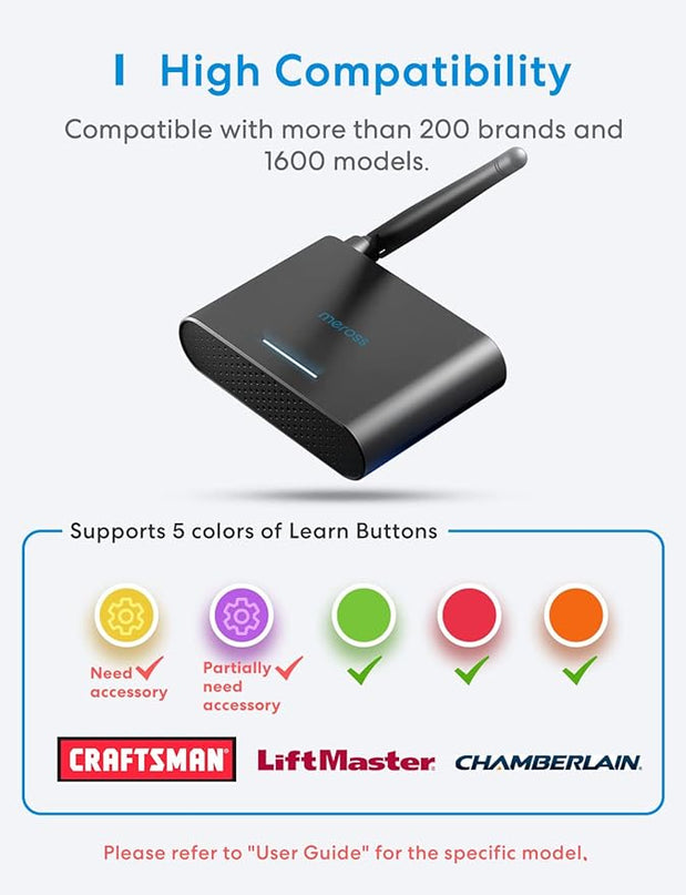 Smart Garage Door Opener Remote with External Antenna, Up to 3 Single Doors, Compatible with Apple HomeKit, Amazon Alexa,SmartThings, Google Assistant meross