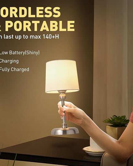 Cordless LED Table Lamp, 6000mAh Rechargeable Bedside Night Lamp for Bedroom, Portable Touch Stepless Dimmable Battery Operated Lamp, Ambient Light for Patio Restaurant(Brushed Nickel S) - LeafyLoom