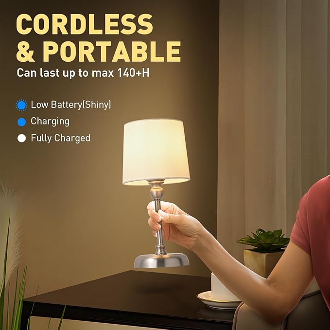 Cordless LED Table Lamp, 6000mAh Rechargeable Bedside Night Lamp for Bedroom, Portable Touch Stepless Dimmable Battery Operated Lamp, Ambient Light for Patio Restaurant(Brushed Nickel S) - LeafyLoom