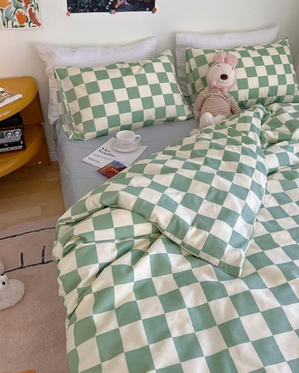 Wellboo Green and White Comforter Sets Twin Women Men Sage Green Checkerboard Grid Bedding Comforters Cotton Boys Girls Modern Grass Green Plaid Checkered Quilts Modern Buffalo Geometric Abstract Bed - LeafyLoom