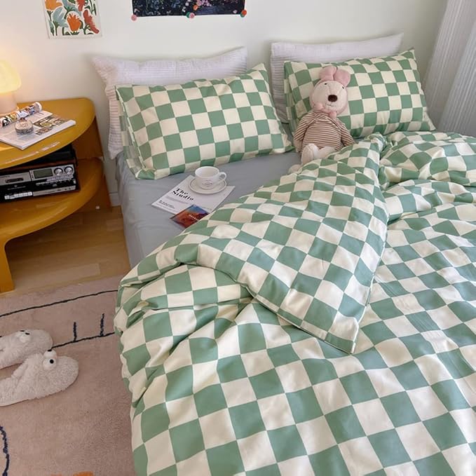 Wellboo Green and White Comforter Sets Twin Women Men Sage Green Checkerboard Grid Bedding Comforters Cotton Boys Girls Modern Grass Green Plaid Checkered Quilts Modern Buffalo Geometric Abstract Bed - LeafyLoom