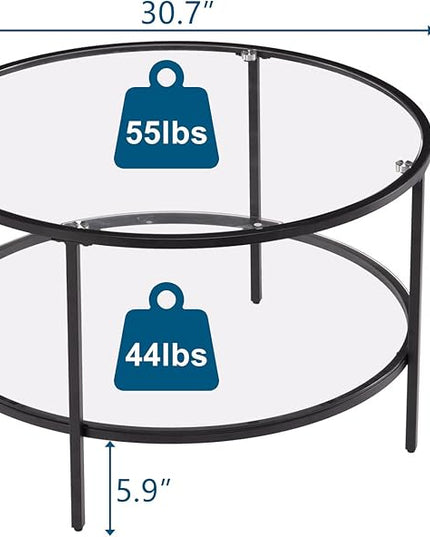 VINGLI Glass Coffee Table,30" Round Coffee Table Black Coffee Tables for Living Room,2-Tier Glass Top Coffee Table with Storage Clear Coffee Table,Simple & Modern Center Table Mesa de Centro Para Sala - LeafyLoom