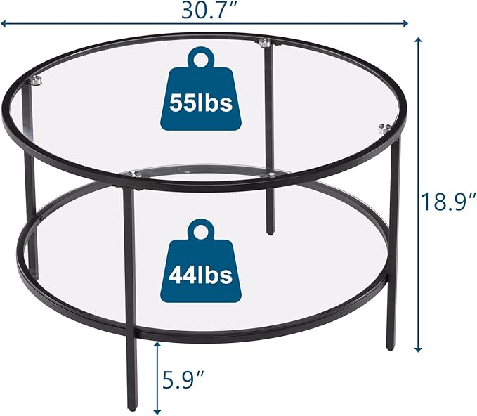 VINGLI Glass Coffee Table,30" Round Coffee Table Black Coffee Tables for Living Room,2-Tier Glass Top Coffee Table with Storage Clear Coffee Table,Simple & Modern Center Table Mesa de Centro Para Sala - LeafyLoom