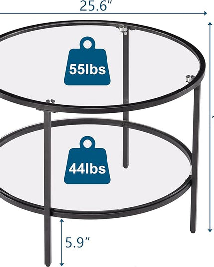 VINGLI 25.6" Round Black Coffee Tables for Living Room, 2-Tier Glass Top Coffee Table with Storage Clear Coffee, Simple & Modern Center Table for Small Space - LeafyLoom