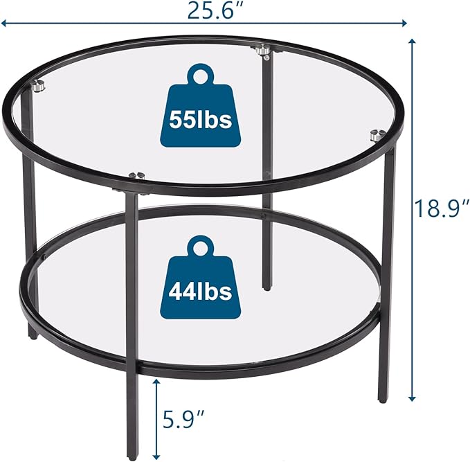 VINGLI 25.6" Round Black Coffee Tables for Living Room, 2-Tier Glass Top Coffee Table with Storage Clear Coffee, Simple & Modern Center Table for Small Space - LeafyLoom