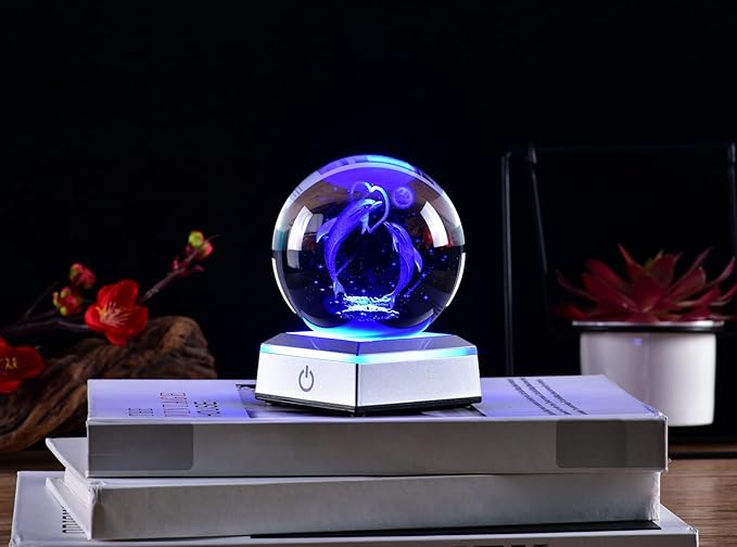 3D Crystal Ball Dolphin Model, with Led Lamp Stand, 3.15'' Dolphin Glass Ball Decor, Engraved Crystal Sphere with Gift Box, 6 Color Light, Romantic Gifts for Kids Friends Birthday - LeafyLoom