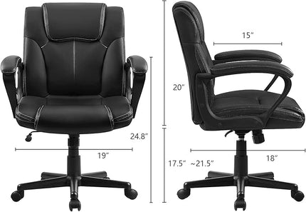 Executive Office Chair Swivel Task Seat with Ergonomic Mid-Back, Waist Support, PU Leather, Black - LeafyLoom