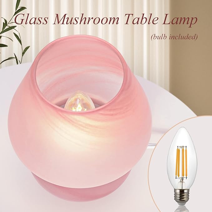 Mushroom Table Lamps for Bedroom Set of 2 Nightstand Light Pink, Small Glass Nightlight Stepless Dimmable Desk Lamp for Dining, Living, Nursery, Vanity, Home Decor, Gift for Girls Women - LeafyLoom