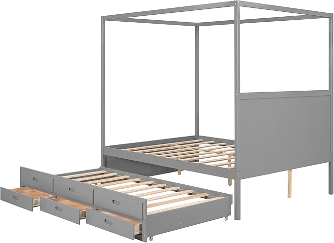 Queen Size Canopy Platform Bed with Twin Trundle and Three Storage Drawers, Wooden Daybed Frame Beds for Kids Teens Boys Girls,Gray - LeafyLoom