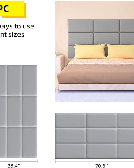 Peel and Stick Headboard for Twin and king in Grey Headboard panels for wall, 3D Anti-Collision Wall Panel, Self-Adhesive Bedroom/Living Room Upholstered Wall Panel (9 Panels/11.8" x 23.6") - LeafyLoom