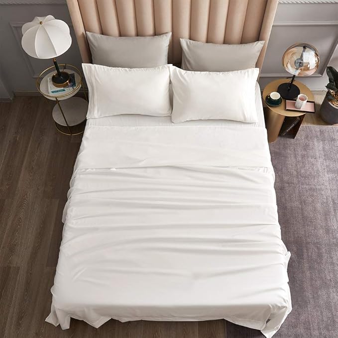 Bed Sheet Set - Brushed Microfiber Bedding - Bedding Sheets & Pillowcases - Deep Pockets - Easy Fit - Breathable & Cooling Sheets - 4 Piece Full White Sheets - LeafyLoom