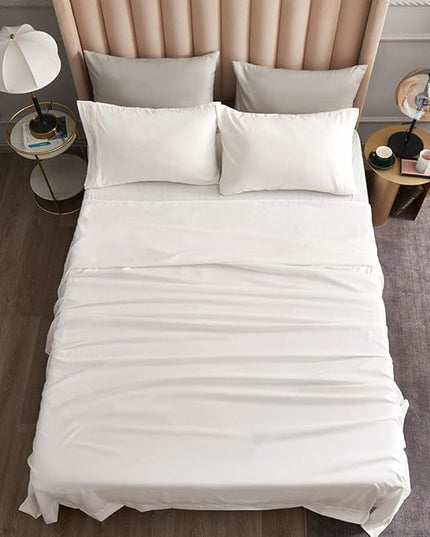 Bed Sheet Set - Brushed Microfiber Bedding - Bedding Sheets & Pillowcases - Deep Pockets - Easy Fit - Breathable & Cooling Sheets- 4 Piece Queen White Sheets - LeafyLoom