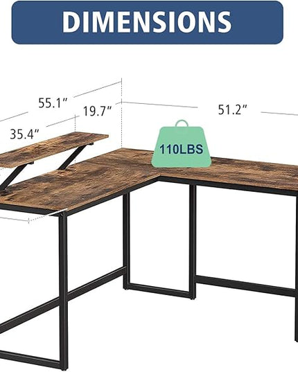 L Shape Computer Desk - Spacious 55 inch Corner Desk Home Office Desk Gaming Desk with Reversible Monitor Stand and Adjustable Feet, Easy Assembly, Rustic Brown - LeafyLoom