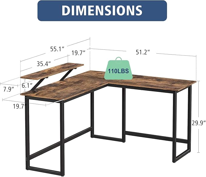 L Shape Computer Desk - Spacious 55 inch Corner Desk Home Office Desk Gaming Desk with Reversible Monitor Stand and Adjustable Feet, Easy Assembly, Rustic Brown - LeafyLoom