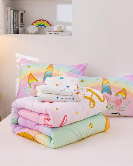 NTBED Unicorn Twin Comforter Set with Sheets,5 Pieces Kids Bedding Sets for Girls, Lightweight Microfiber Star Floral Bed in a Bag, Rainbow - LeafyLoom