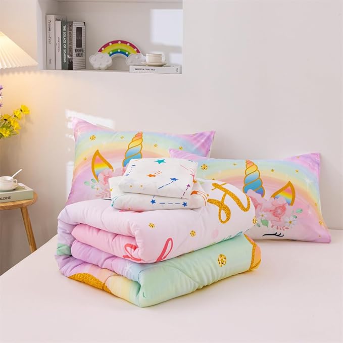 NTBED Unicorn Full Comforter Set with Sheets,5 Pieces Kids Bedding Sets for Girls, Lightweight Microfiber Star Floral Bed in a Bag, Rainbow - LeafyLoom