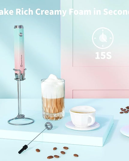 Maestri House Rechargeable Milk Frother with Stand, Handheld Electric Foam Maker Waterproof Detachable Stainless Steel Whisk Drink Mixer Foamer for Lattes, Cappuccino - LeafyLoom