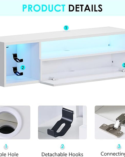 DlandHome Floating TV Stand with LED Light, 39.3’’ Wall-Mounted Media Console, Floating Shelf for Under TV Wall Mount with Storage Shelf for Bedroom Living Room, White - LeafyLoom