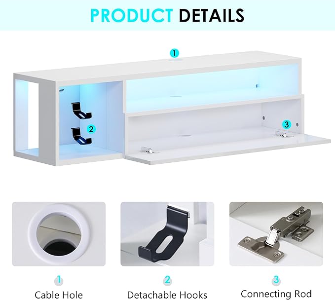 DlandHome Floating TV Stand with LED Light, 39.3’’ Wall-Mounted Media Console, Floating Shelf for Under TV Wall Mount with Storage Shelf for Bedroom Living Room, White - LeafyLoom