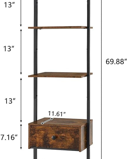 Tajsoon Ladder Shelf, Tall Bookcase with Storage Drawers, 4-Tier Wood Wall Mounted Bookshelf, Open Display Rack, Storage Shelves for Bedroom, Home Office, Collection, Plant Flower, Rustic Brown - LeafyLoom