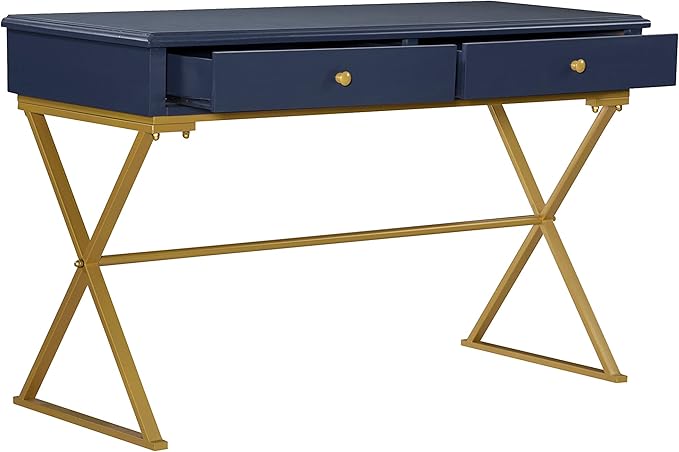 Linon Campaign Desk Navy with Gold Legs, Blue - LeafyLoom