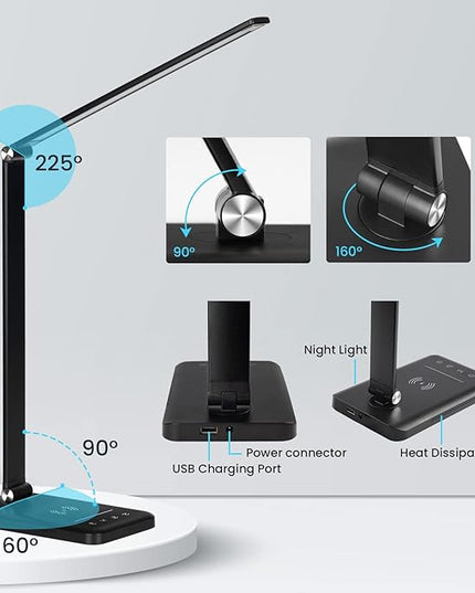 LED Desk Lamp with Night Light, Fast Wireless Charger, USB Charging Port, 10 Brightness, 5 Color Modes, Dimmable Bedside Table Lamp for Bedroom, Touch Control, Auto Timer, 1200Lux Super Bright - LeafyLoom