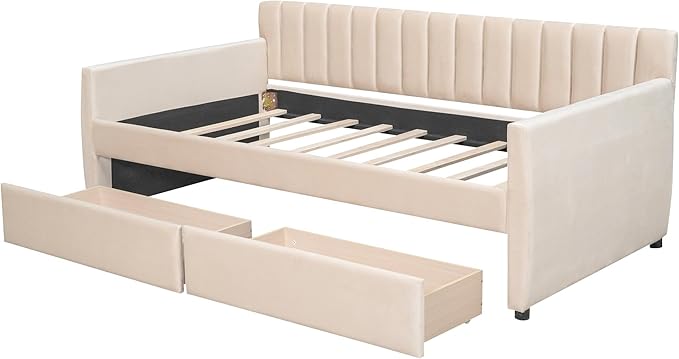 Twin Size Velvet Upholstered Daybed with Two Storage Drawers, Solid Wooden Bed Frame w/Vertical Stripes Designed Backrest and Pine Legs, Space-Saving Design, for Kids, Bedroom, Dorm, Beige-7 - LeafyLoom