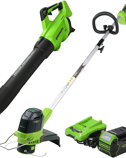 Greenworks 40V (550 CFM / 130 MPH) Brushless Axial Blower + Trimmer, 4.0Ah USB Battery and Charger Included - LeafyLoom