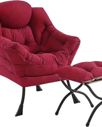 Lazy Chair and Ottoman, Large Accent Lounge Chair with Armrests and a Side Pocket, Modern Leisure Upholstered Sofa Reading Armchair with Footrest for Bedroom, Living Room, Dorm Rooms, Office - LeafyLoom