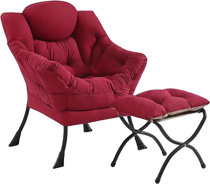 Lazy Chair and Ottoman, Large Accent Lounge Chair with Armrests and a Side Pocket, Modern Leisure Upholstered Sofa Reading Armchair with Footrest for Bedroom, Living Room, Dorm Rooms, Office - LeafyLoom