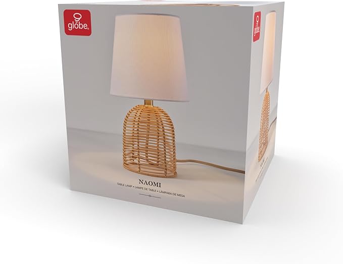 Globe Electric 61000047 14" Table Lamp, Rattan Base, White Linen Shade, On/Off Rotary Switch on Socket, Table Lamp for Living Room, Home Décor, Lamps for Bedroom, Home Improvements, Room Décor - LeafyLoom