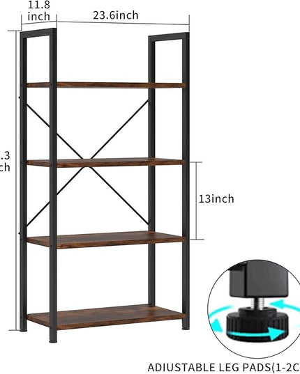 VERMESS 4-Tier Bookshelf, 24 inch Wood Bookcase with Open Shelves, Rustic Brown Book Shelf Storage Shelving Unit, Industrial Standing Bookshelves Metal Frame Display Rack for Living Room, Bedroom - LeafyLoom