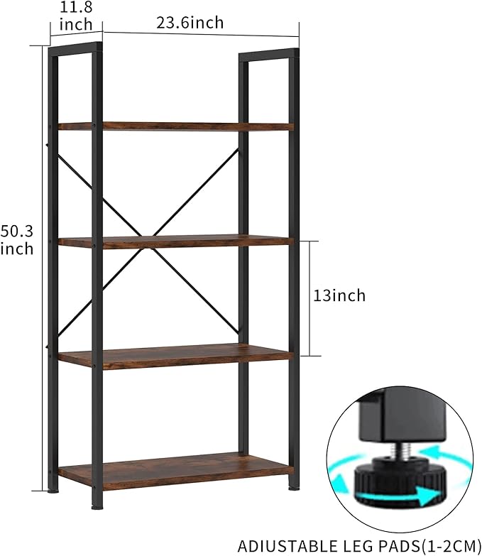 VERMESS 4-Tier Bookshelf, 24 inch Wood Bookcase with Open Shelves, Rustic Brown Book Shelf Storage Shelving Unit, Industrial Standing Bookshelves Metal Frame Display Rack for Living Room, Bedroom - LeafyLoom