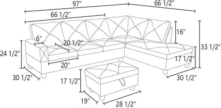 ROOMTEC 3 Piece L Shape Sectional Sofa Set, Upholstered Corner Couch with Storage Ottoman & Right Chaise Lounge, Flannelette Tufted Cushions, for Living Room, Apartment, Grey White - LeafyLoom