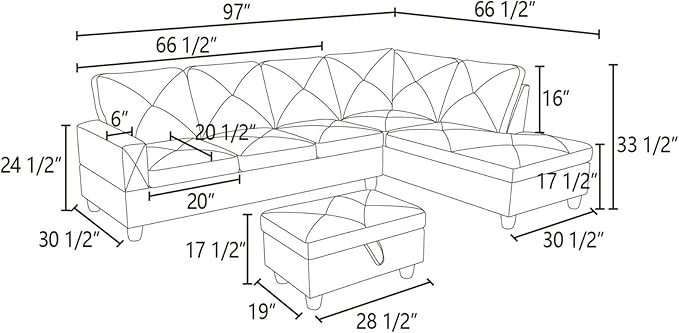 ROOMTEC 3 Piece L Shape Sectional Sofa Set, Upholstered Corner Couch with Storage Ottoman & Right Chaise Lounge, Flannelette Tufted Cushions, for Living Room, Apartment, Grey White - LeafyLoom